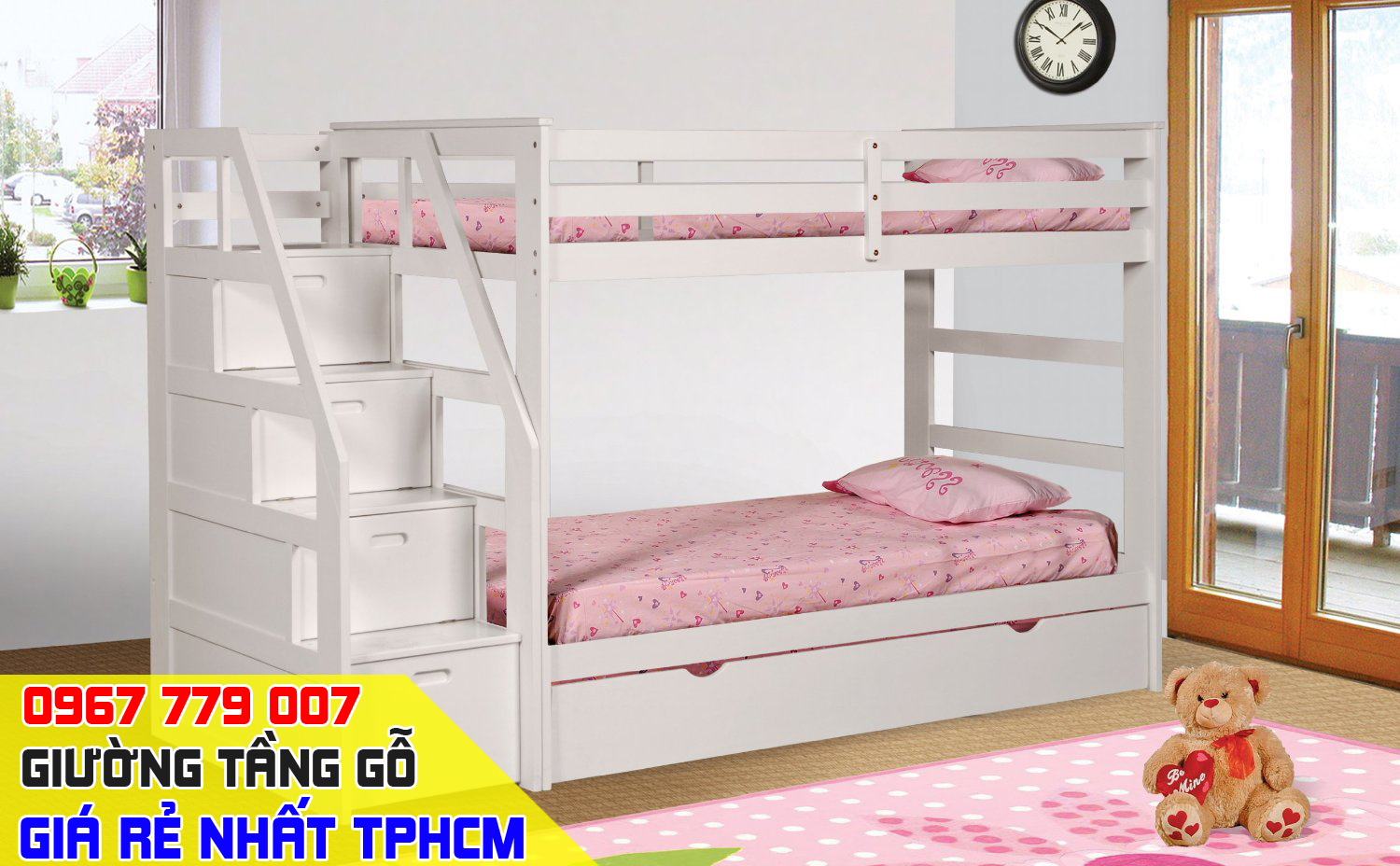 mẫu giường tầng gỗ 2 đầu giường liền nhau tại tphcm