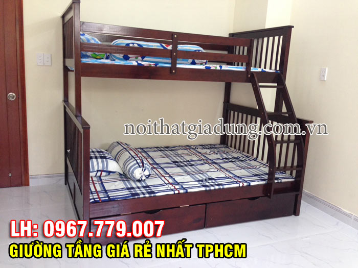 Chi tiết thực tế giường 2 tầng và 3 tầng 028 màu nâu đen được bán với giá rẻ nhất TPHCM