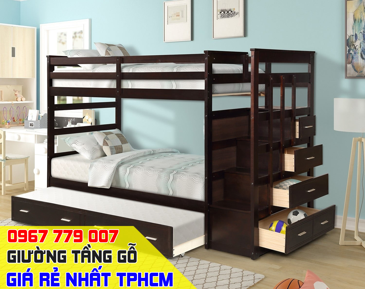 mẫu giường 3 tầng đầu giường liền nhau cầu thang hộp giá rẻ tại tphcm